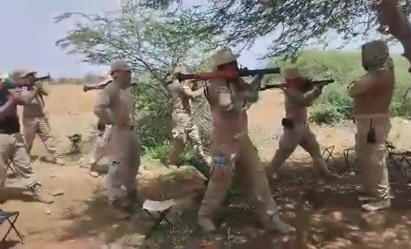 An image from a video released by the Sudanese army on Aug. 3, 2025, allegedly shows Colombian mercenaries training inside the Zamzam camp.
