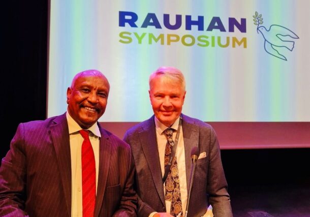 SPLM-N RDC leaader Yasir Arman poses with Pekka Haavisto, the former Foreign Minister of Finland, on August 16, 2025