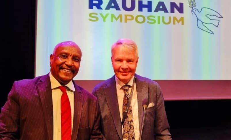 SPLM-N RDC leaader Yasir Arman poses with Pekka Haavisto, the former Foreign Minister of Finland, on August 16, 2025