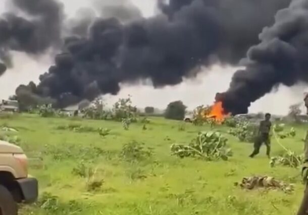 Destroyed RSF vehicles burn near Abu Qawad in North Kordofan following clashes on August 21, 2025.
