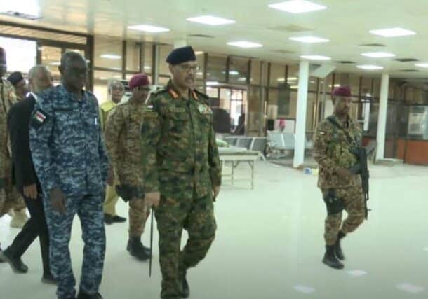 Sovereign Council member Ibrahim Jaber inspects restoration work at Khartoum International Airport on August 14, 2025, SC photo.