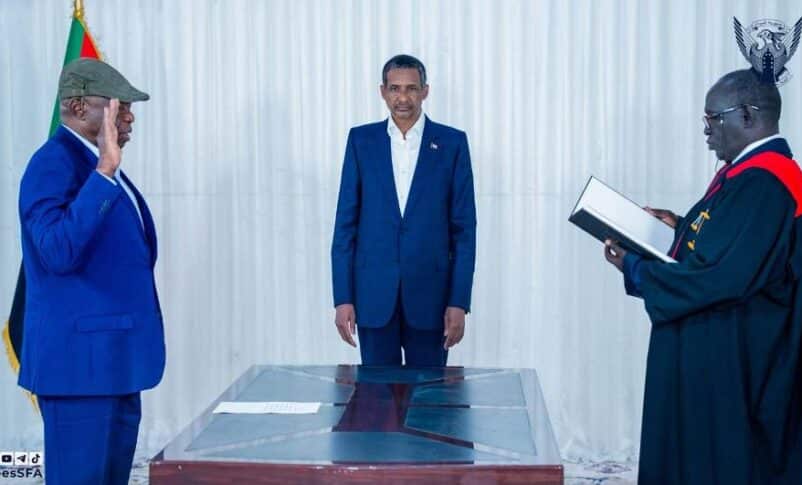 Mohamed Hamdan Dagalo, head of the new parallel authority, watches as Abdelaziz al-Hilu is sworn in as his deputy on August 30, 2025