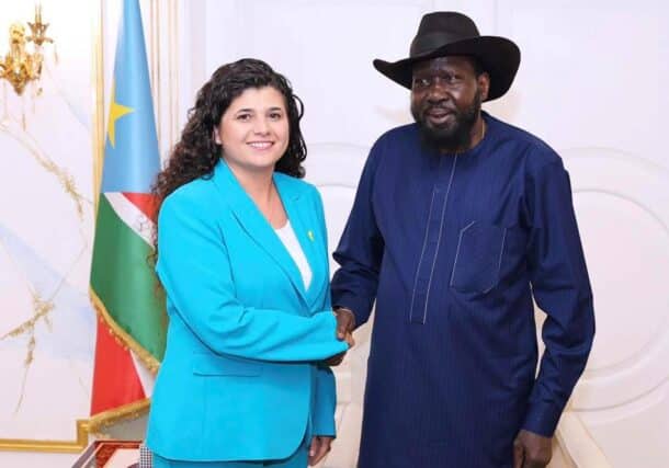 President Kiir shakes hands with Sharren Haskel Israeli Deputy Foreign Minister, on August 13, 2025