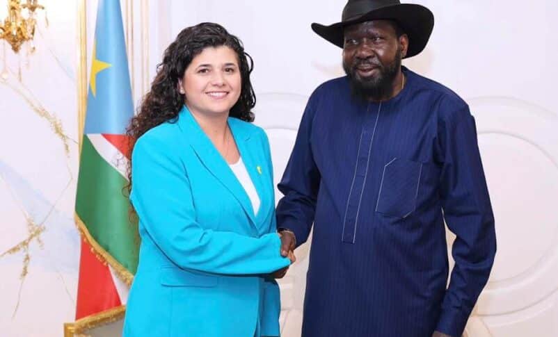 President Kiir shakes hands with Sharren Haskel Israeli Deputy Foreign Minister, on August 13, 2025