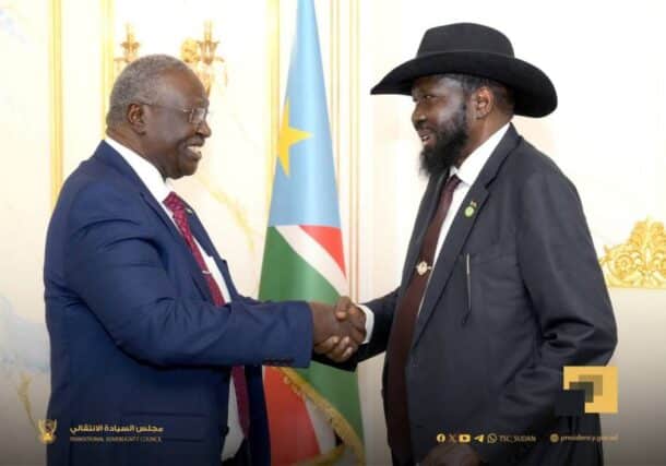 President Kiir shakes hands with the visiting Makil Agar Sudan's Deputy Head of the Sovereign Council on August 11, 2025
