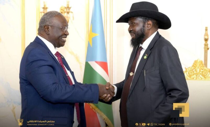 President Kiir shakes hands with the visiting Makil Agar Sudan's Deputy Head of the Sovereign Council on August 11, 2025