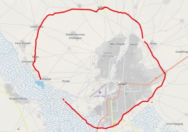 A map based on satellite imagery analysis details the siege and near-total encirclement of El-Fasher, Sudan, by the Rapid Support Forces (RSF), in this handout image released by the Yale Humanitarian Research Lab on September 26, 2025. Yale HRL