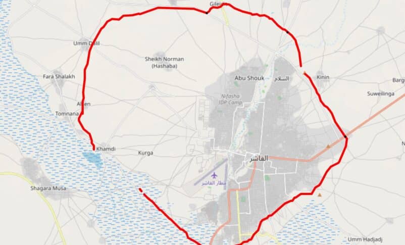 A map based on satellite imagery analysis details the siege and near-total encirclement of El-Fasher, Sudan, by the Rapid Support Forces (RSF), in this handout image released by the Yale Humanitarian Research Lab on September 26, 2025. Yale HRL