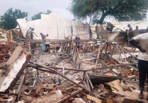 Debris of a mosque is seen in El Fasher on September 19, 2025, after a drone strike killed more than 70 people.