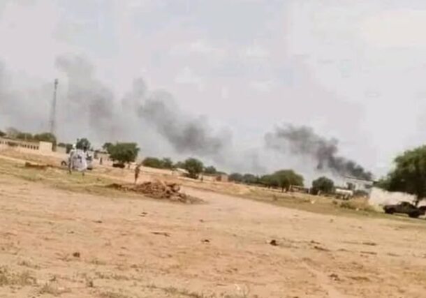 Plumes of smoke rise into the sky after drone strikes in Mellit in this picture released by activists on September 2, 2025