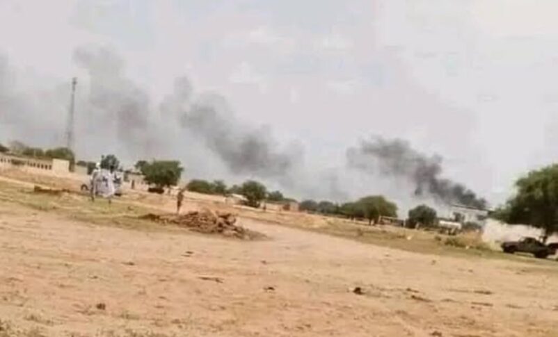 Plumes of smoke rise into the sky after drone strikes in Mellit in this picture released by activists on September 2, 2025