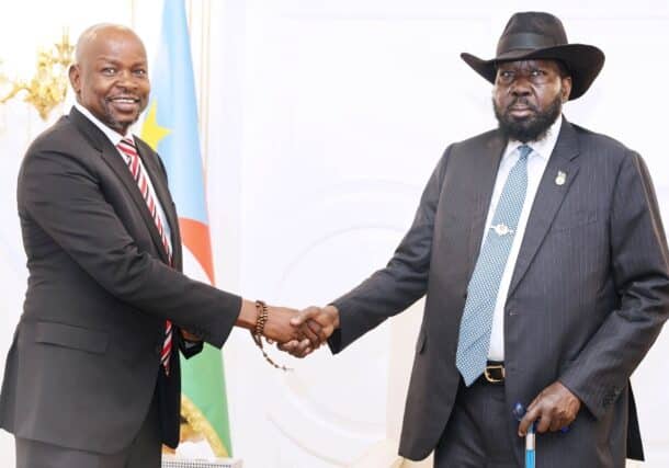 President Salva Kiir greets his second deputy Benjamin Bol Mel file South Sudanese presidency photo