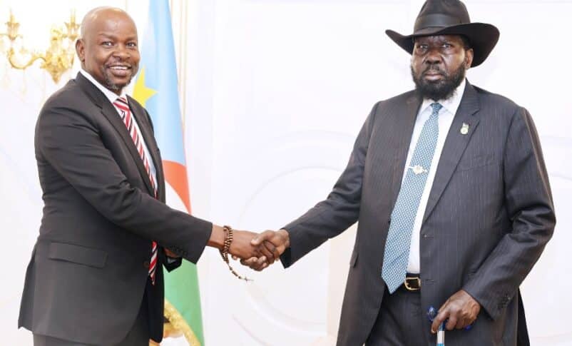 President Salva Kiir greets his second deputy Benjamin Bol Mel file South Sudanese presidency photo