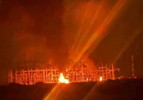 Smoke rises from electrical transformers at the Al-Markhiyat substation in Omdurman, Sudan, following a drone strike on September 9, 2025.