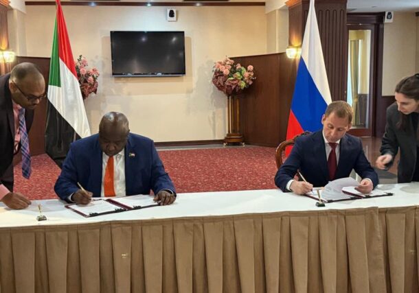 Sudanese Minister of Minerals Nur al-Daim Taha and Russian Minister of Natural Resources Alexander Kozlov sign a cooperation agreement in Moscow, Russia, September 24, 2025.