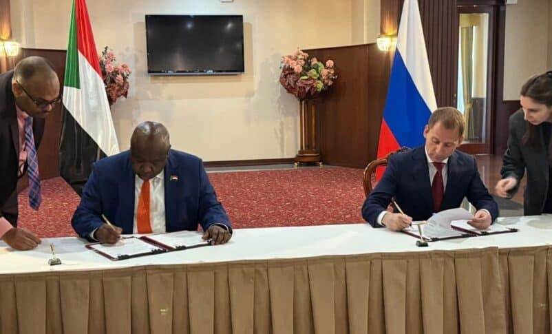 Sudanese Minister of Minerals Nur al-Daim Taha and Russian Minister of Natural Resources Alexander Kozlov sign a cooperation agreement in Moscow, Russia, September 24, 2025.