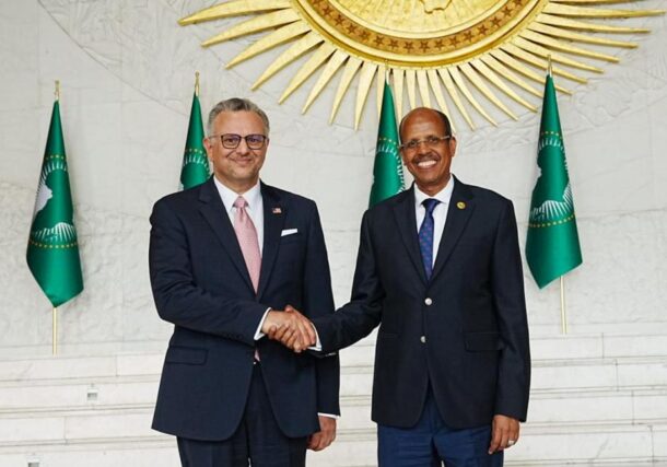 The Chairperson of the African Union Commission, Mahmoud Ali Youssouf greets U.S. Senior Advisor for Africa, Massad Boulos on September 17, 2025