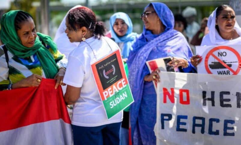 Women take part to a demonstration on the opening day of Sudan ceasefire talks, in Geneva, on August 14, 2024. AFP photo