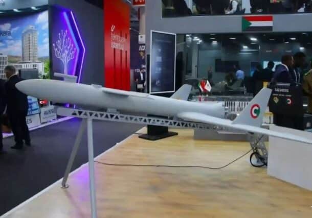 A model of the Sudanese-made "Safrouq" drone on display at an international defence exhibition.
