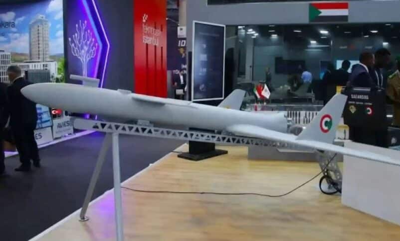 A model of the Sudanese-made "Safrouq" drone on display at an international defence exhibition.