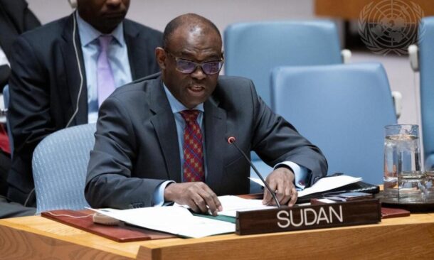 Al-Harith Idriss Al-Harith Mohamed, Sudan's Permanent Representative, addresses the Security Council meeting on January 27, 2025. UN photo
