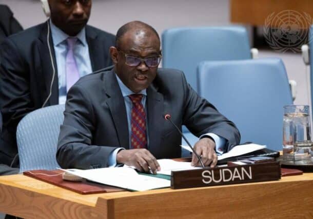 Al-Harith Idriss Al-Harith Mohamed, Sudan's Permanent Representative, addresses the Security Council meeting on January 27, 2025. UN photo