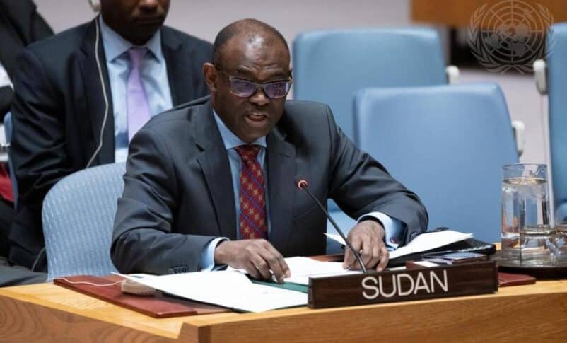 Al-Harith Idriss Al-Harith Mohamed, Sudan's Permanent Representative, addresses the Security Council meeting on January 27, 2025. UN photo