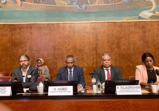 Ambassador Hassan Hamid speaks at a briefing organized by the UNOCHA in Geneva on Saturday Oct 11, 2025