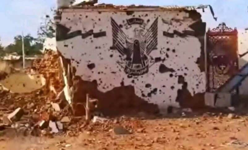 A wall at the 6th Army Division base shows damage from projectiles after being captured by the RSF in El Fasher on October 26, 2025.