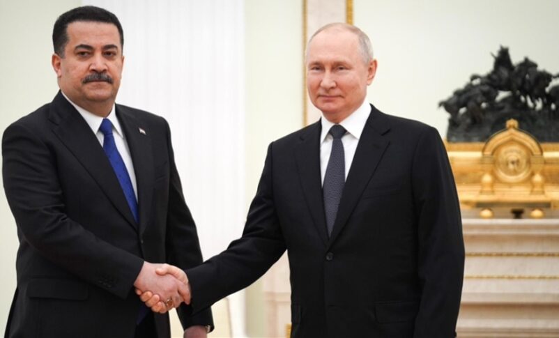 Iraqi Prime Minister Mohammed Shia Al Sudani (L) meets Russian President Vladimir Putin