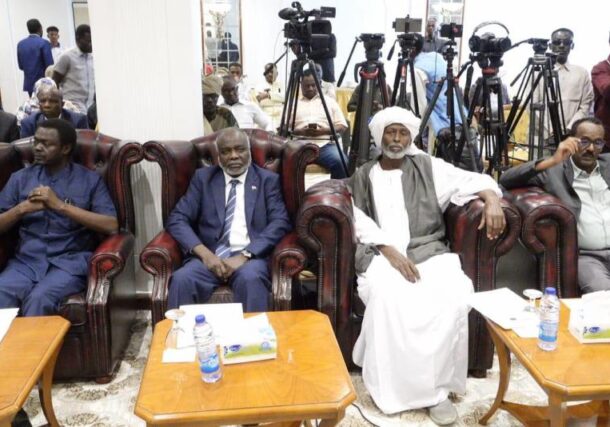 Leaders of the Democratic Bloc at a press conference following their meeting in Port Sudan on October 5, 2025."