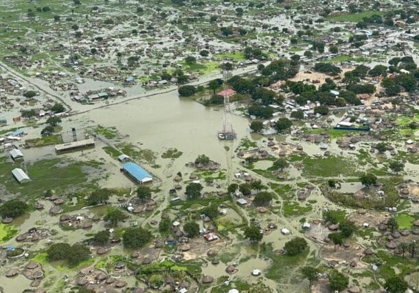Aerial picture released by the WFP shows floods impact in South Sudan on Sept 13, 2025