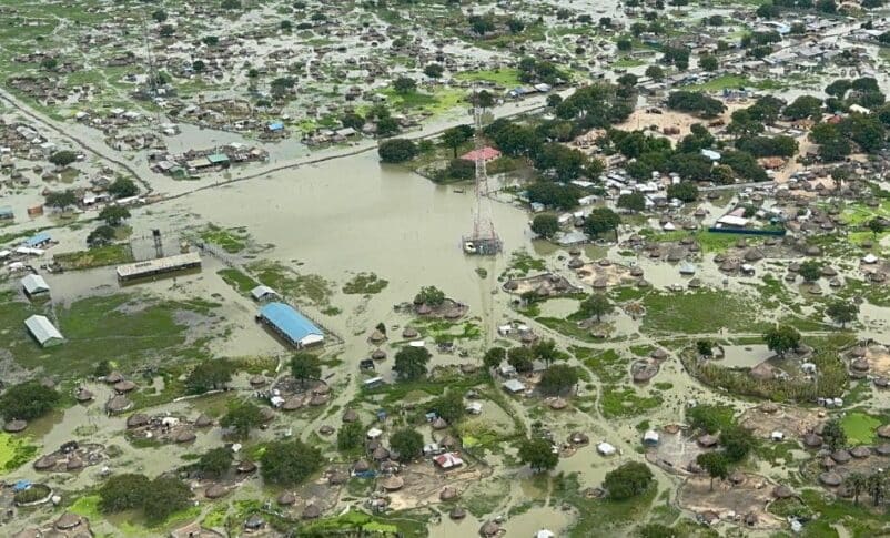 Aerial picture released by the WFP shows floods impact in South Sudan on Sept 13, 2025