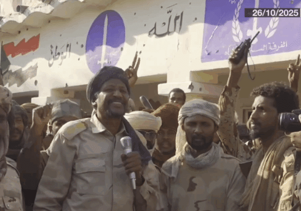 RSF deputy leader speaks to his troops outside the army headquarters in El Fasher on Oct 26, 2025