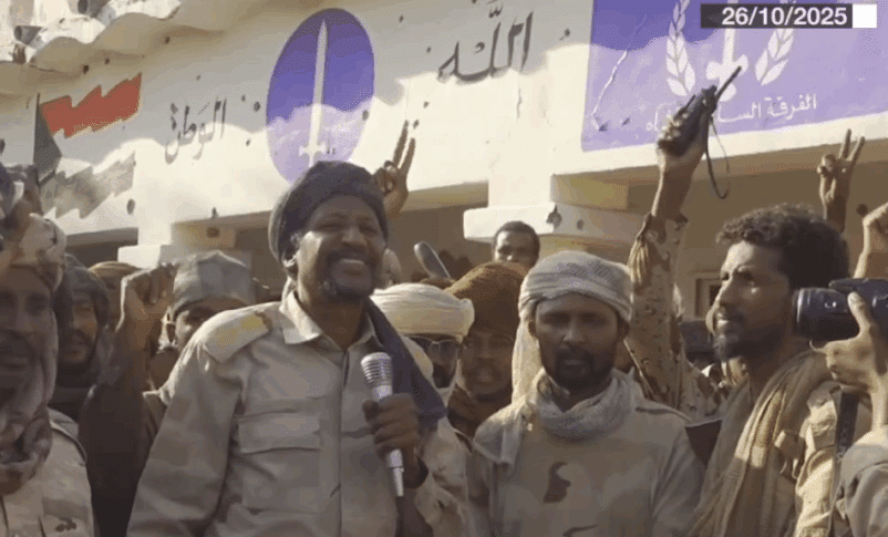 RSF deputy leader speaks to his troops outside the army headquarters in El Fasher on Oct 26, 2025