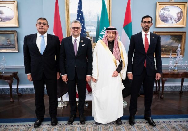 US Boulos, (2d L) poses with the senior Saudi, Egyptian and UAE officials in Washington on Oct 24, 2025