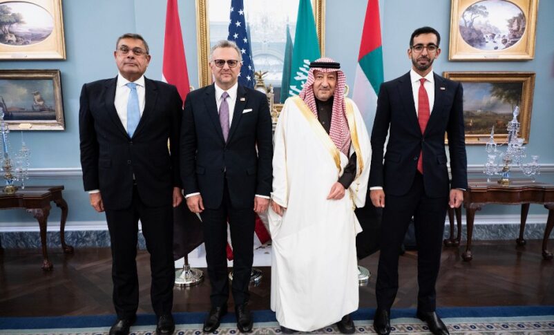 US Boulos, (2d L) poses with the senior Saudi, Egyptian and UAE officials in Washington on Oct 24, 2025