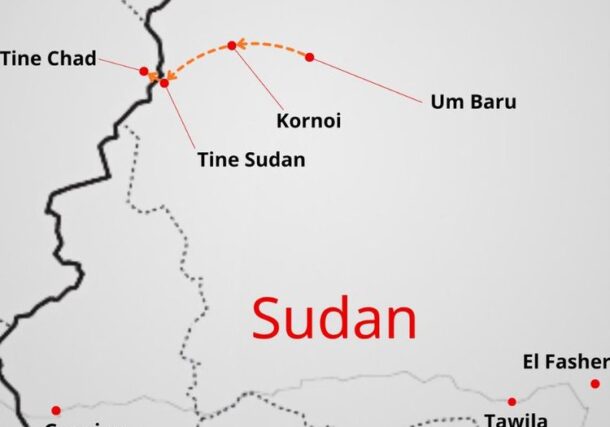 Map showing the withdrawal of MSF teams in North Darfur into Chad follwoing drone attacks on Nov 6, 2025-