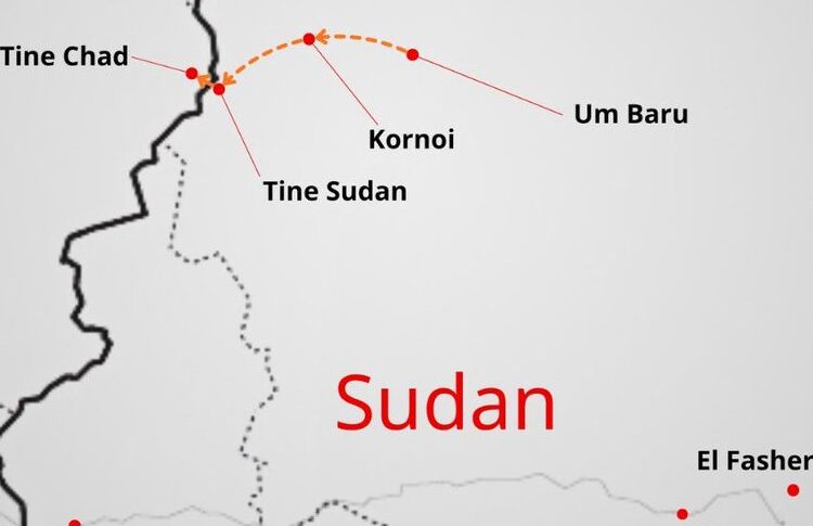 Map showing the withdrawal of MSF teams in North Darfur into Chad follwoing drone attacks on Nov 6, 2025-