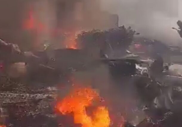 A screenshot from a video shows the burning wreckage of a military plane in West Kordofan on Nov 4, 2025.