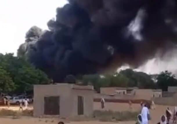 Smoke rises after a drone strike targeted a funeral gathering in al-Uwainat village, east of El Obeid, central North Kordofan state. on Nov 3, 2025
