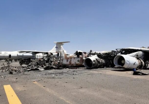 A civilian aircraft destroyed during the RSF attack on Khartoum airport on April 15, 2023