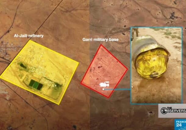 A screenshot from the France 24 investigation video, showing alleged chemical weapon impact sites near the al-Jaili oil refinery and a chlorine barrel reportedly recovered from the area.