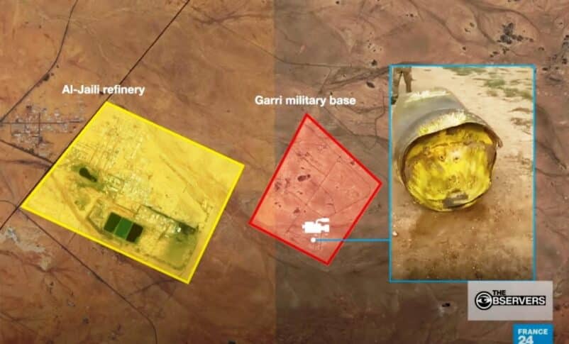 A screenshot from the France 24 investigation video, showing alleged chemical weapon impact sites near the al-Jaili oil refinery and a chlorine barrel reportedly recovered from the area.