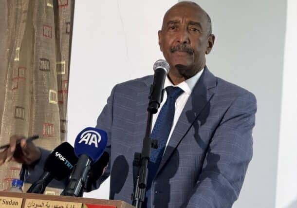 Abdel Fatah al-Burhan speaks at the Sudanese embassy in A,kara on Dec 27, 2025