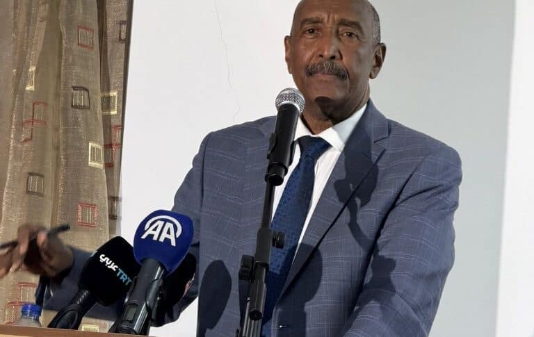 Abdel Fatah al-Burhan speaks at the Sudanese embassy in A,kara on Dec 27, 2025