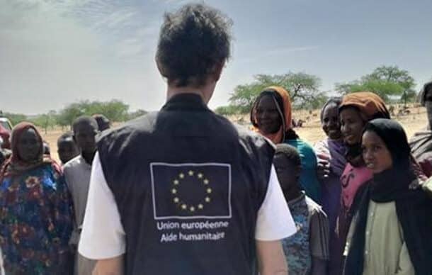 EU humanitarian workers speaks to Sudanese refugees in Chad in June 2023, EU photo