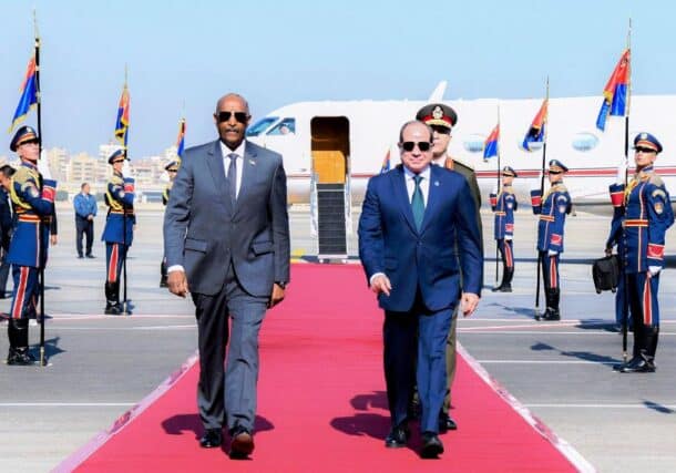 Egyptian President Abdel Fattah al-Sisi receives Sudan's Sovereign Council Chairman ABdel Fattah al-Burhan at Cairo Airport on Dec 18, 2025