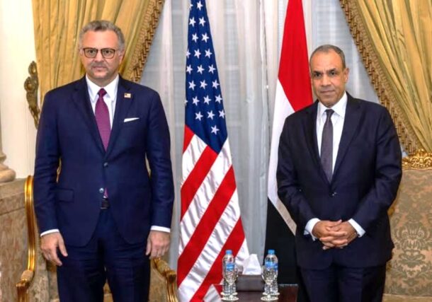 Egypt's FM Badr Abdelatty pose with US Senior advisor for Africa Massad Bouos, file photo