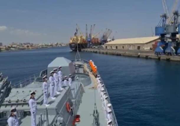 Russian Navy frigate RFS Admiral Grigorovich entres in Port Sudan on 28 February 2021 Screenshot from a Video by Ruptly TV
